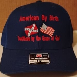 Blue Richardson Trucker Hat with Embroidered Flags